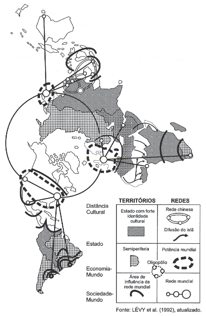 Mapa das Américas com áreas hachuradas e símbolos sobrepostos, acompanhado de legendas sobre territórios e redes.