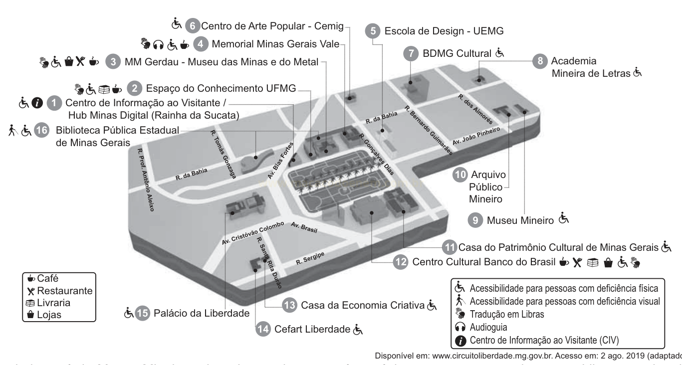 Mapa isométrico de uma área urbana com 16 pontos culturais numerados, nomes de ruas e legenda de serviços e acessibilidade.