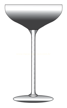 Ilustração em tons de cinza de uma taça de champanhe vazia, com bojo largo, haste fina e base circular.