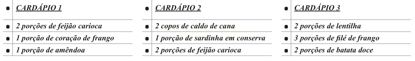 Três cardápios em colunas, com diferentes porções de feijão, carnes, lentilha e outros alimentos.