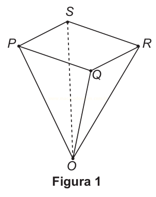 Desenho de uma pirâmide de base quadrangular PQRS com vértice O embaixo, identificada como Figura 1.