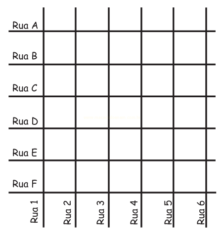 Grade de ruas com seis linhas horizontais (Rua A a F) cruzadas por seis linhas verticais (Rua 1 a 6).