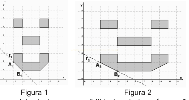 Duas figuras em malha quadriculada com formas cinza e retas identificadas como r1 e r2, pontos A1, B1, A2 e B2.