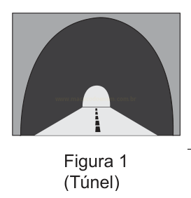 Ilustração de um túnel em cinza com estrada clara ao centro e linha tracejada.