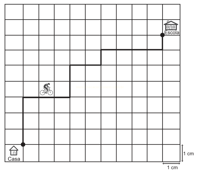 Malha quadriculada de 1 cm com um caminho em degraus ligando a Casa, no canto inferior esquerdo, à Escola, no canto superior direito.