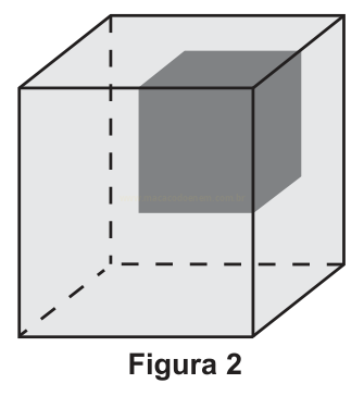 Desenho de um cubo em perspectiva com uma região quadrada sombreada no centro da face frontal.