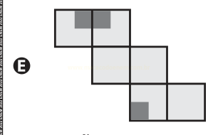 Diagrama de seis quadrados claros em escada, com pequenos quadrados cinza escuro na fileira de cima e na de baixo, identificado pela letra E.