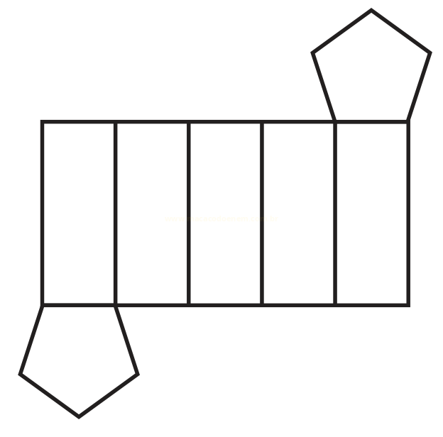 Planificação de um prisma de base pentagonal: cinco retângulos em faixa com um pentágono em cada extremidade.
