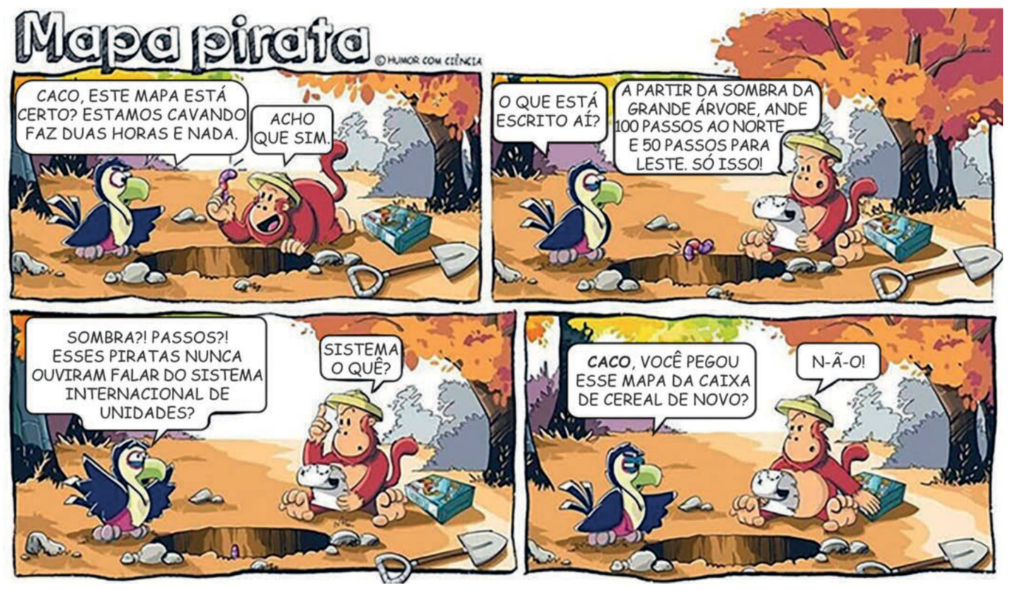 Tirinha "Mapa pirata" em quatro quadros, com um tucano e um macaco discutindo um mapa com instruções em sombra e passos.