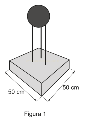 Desenho de um disco escuro sustentado por três hastes sobre uma placa quadrada de 50 cm de lado.