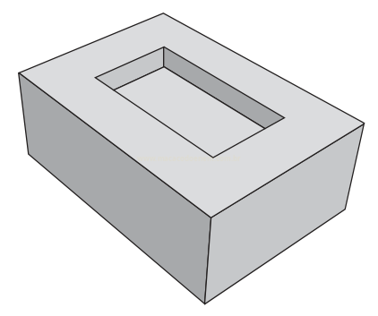 Desenho em perspectiva de um bloco retangular vazado, com um furo retangular que o atravessa.