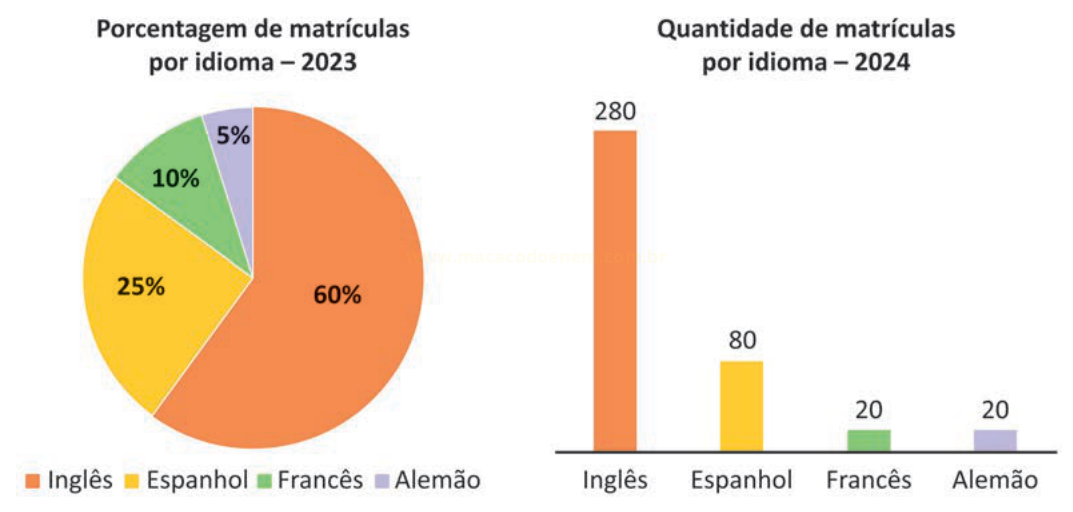 Dois gráficos comparando matrículas por idioma em 2023 e 2024: setores percentuais e barras com quantidades.