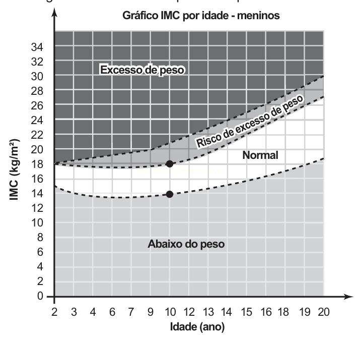 Gráfico de curvas de IMC por idade para meninos, com faixas de abaixo do peso, normal, risco e excesso de peso.