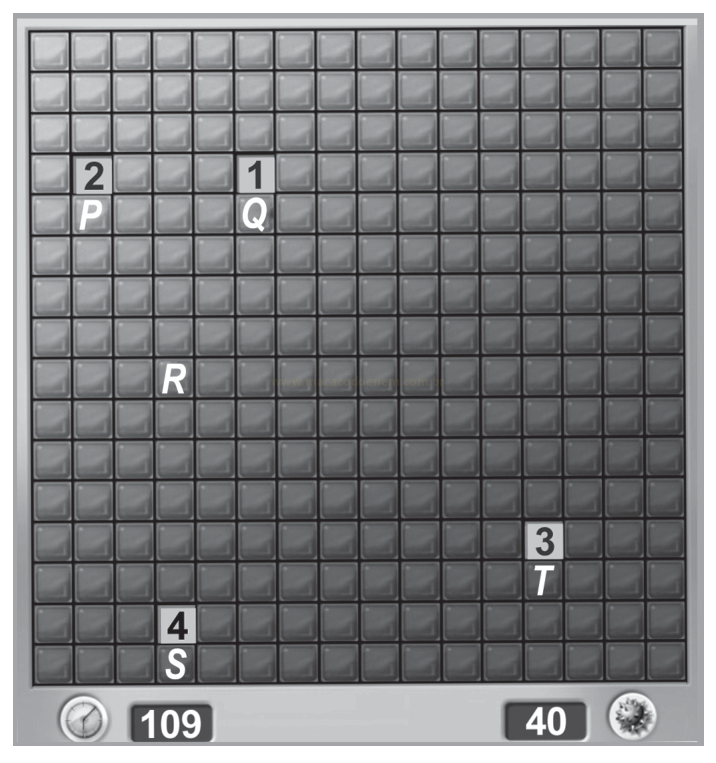 Tela de jogo de grade quadriculada com as marcações P, Q, R, S e T numeradas de 1 a 4 e contadores 109 e 40 na barra inferior.