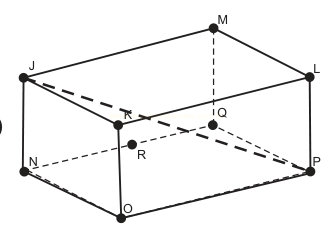 Paralelepípedo com um segmento tracejado em destaque ligando os vértices J e P.
