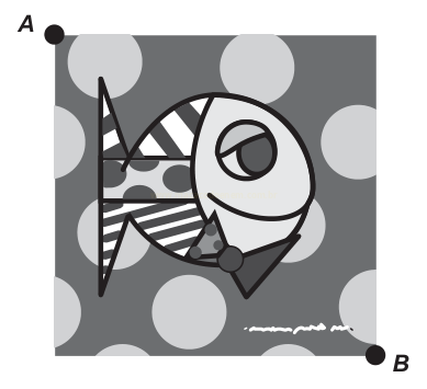 Ilustração de figura estilizada de peixe sobre fundo com bolinhas, delimitada pelos pontos A e B.