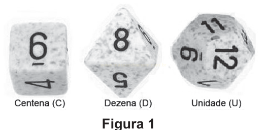 Fotografia de três dados de formatos diferentes, rotulados Centena (C), Dezena (D) e Unidade (U).