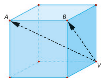 Cubo azul transparente com os vértices A, B e V e setas tracejadas ligando V a A e a B.