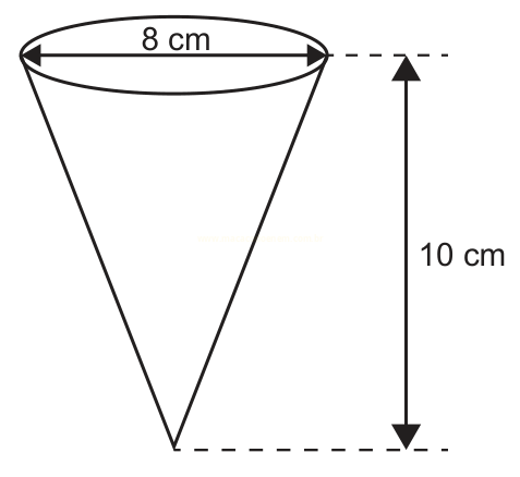 Desenho de um cone com diâmetro da base de 8 cm e altura de 10 cm.