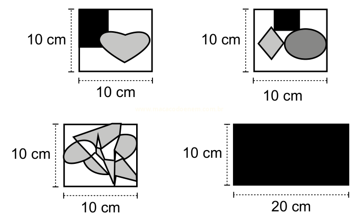 Quatro figuras geométricas: três quadrados de 10 cm com formas coloridas dentro e um retângulo preto de 20 cm por 10 cm.