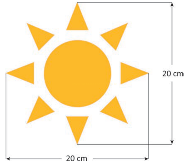 Desenho de um sol laranja formado por círculo central e oito raios triangulares, com 20 cm de altura e largura.