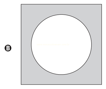 Quadrado cinza com um círculo branco ao centro, identificado pela letra B.