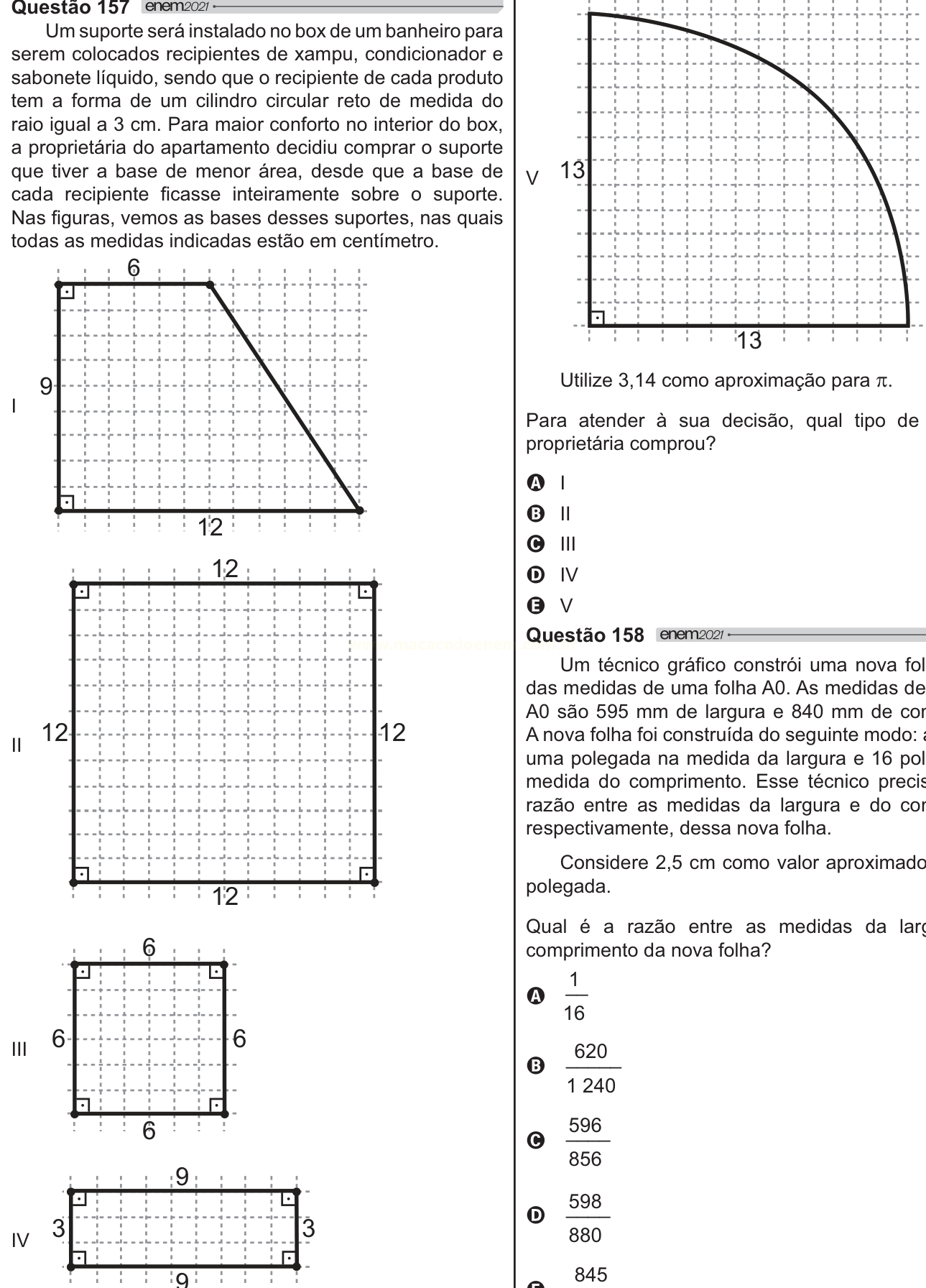 Página de prova com quatro bases de suporte em malha quadriculada, um quadrado com arco e alternativas.
