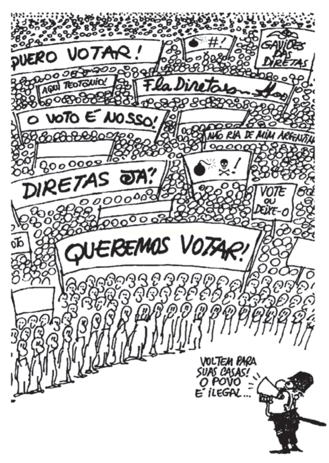 Charge em preto e branco de uma multidão com faixas pedindo voto direto, enquanto um homem uniformizado ordena pelo megafone que voltem para casa.