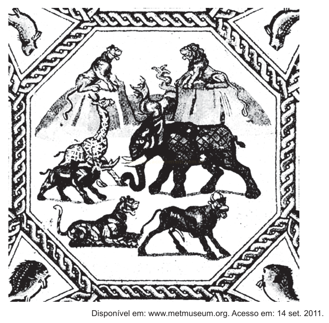 Mosaico antigo com moldura geométrica, mostrando elefante, girafa, leões, felino manchado e um animal com chifres.