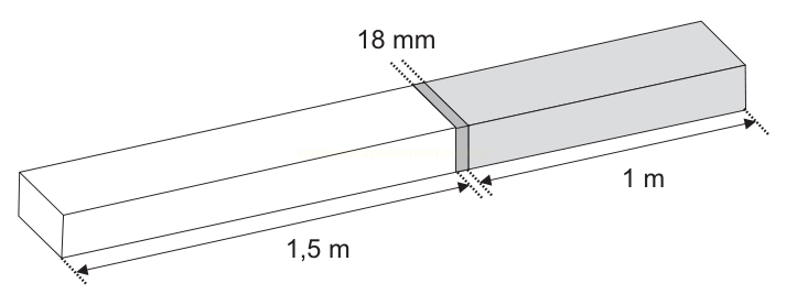 Desenho de uma barra retangular dividida em trechos de 1,5 m e 1 m, com espessura de 18 mm indicada.