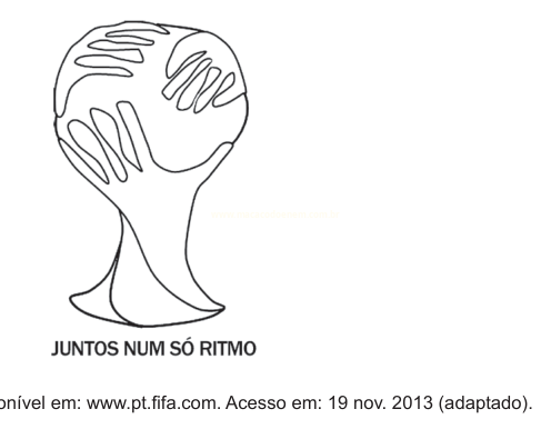 Ilustração de contorno do troféu da Copa do Mundo com duas figuras sustentando o globo e a frase 'JUNTOS NUM SÓ RITMO'.