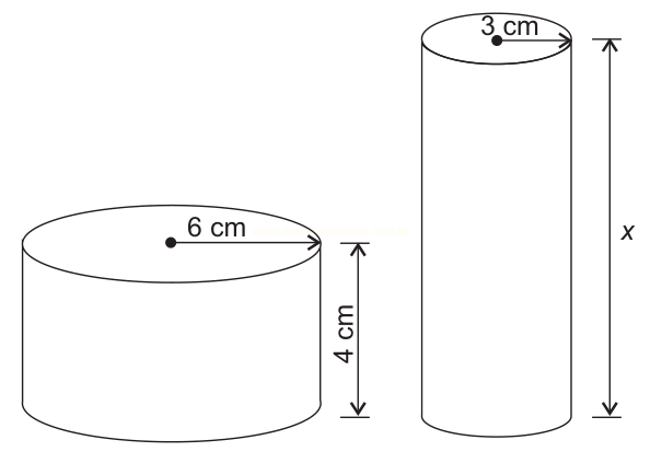 Desenho de dois cilindros com raios de 6 cm e 3 cm e alturas de 4 cm e x.