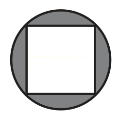 Quadrado inscrito em um círculo, com a área entre o quadrado e a circunferência pintada de cinza.