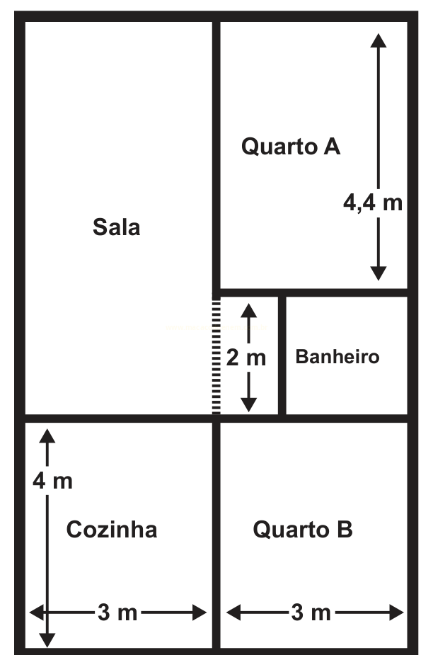Planta baixa de um imóvel com sala, quarto A, banheiro, cozinha e quarto B, com medidas indicadas.