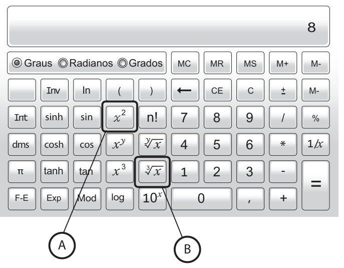 Calculadora científica com visor mostrando 8 e as teclas x² e raiz cúbica destacadas, marcadas como A e B.