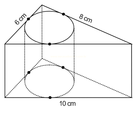 Desenho geométrico de um cone inscrito com medidas 6 cm, 8 cm e 10 cm.
