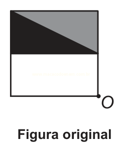 Figura original: quadrado com triângulos preto e cinza na metade superior e o ponto O na base direita.
