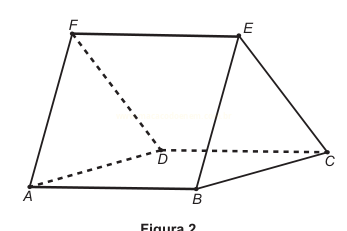 Desenho em perspectiva de um sólido com vértices A, B, C, D, E e F, com arestas tracejadas que se encontram em D.