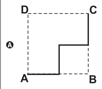 Figura A: quadrado ABCD tracejado com um trajeto em degraus em linha grossa ligando A a C.
