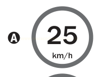 Placa circular de limite de velocidade de 25 km/h, identificada pela letra A.