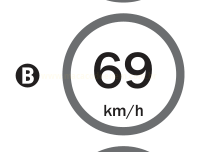 Placa circular de limite de velocidade de 69 km/h, identificada pela letra B.