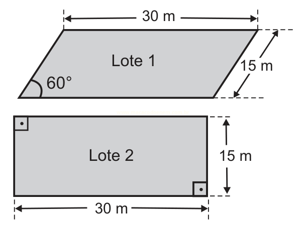 Desenho de dois terrenos: um paralelogramo de 30 m por 15 m com ângulo de 60° e um retângulo de 30 m por 15 m.
