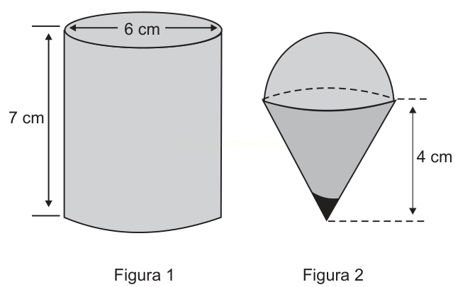 Desenhos de um cilindro de 6 cm de diâmetro por 7 cm de altura e de um cone de 6 cm de diâmetro por 4 cm de altura.