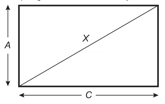 Retângulo com diagonal, indicando altura A, largura C e diagonal X.