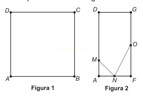 Dois desenhos geométricos: um quadrado com vértices A, B, C e D e um retângulo com pontos A, D, G, F, M, N e O, com linhas pontilhadas formando um ângulo.