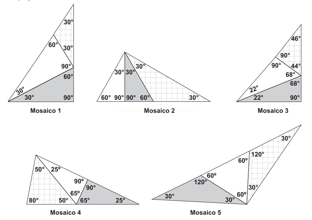 Cinco figuras geométricas formadas por triângulos, com os ângulos indicados em graus e numeradas de Mosaico 1 a Mosaico 5.