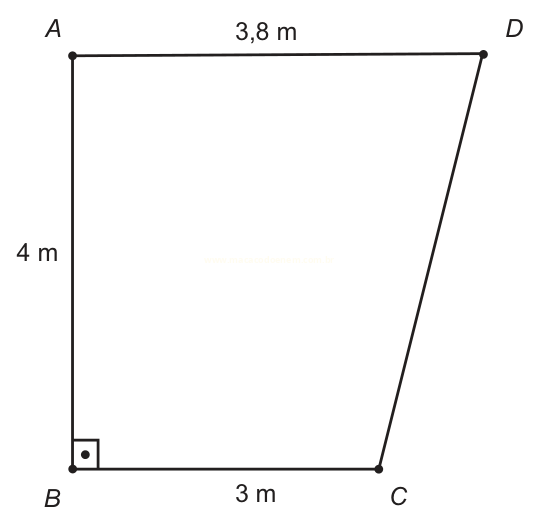 Quadrilátero ABCD com lado AB de 4 m, BC de 3 m, AD de 3,8 m e ângulo reto em B.