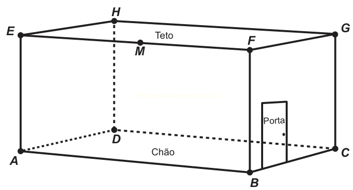 Desenho em perspectiva de uma sala com vértices identificados por letras, teto, chão e porta.