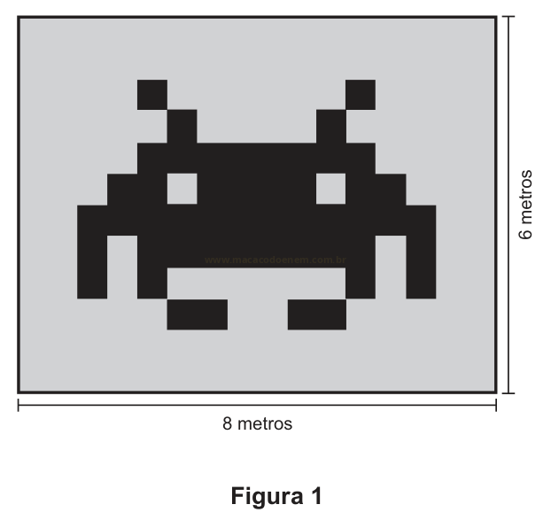 Figura pixelada preta semelhante a um personagem de videogame, medindo 8 metros de largura por 6 metros de altura.