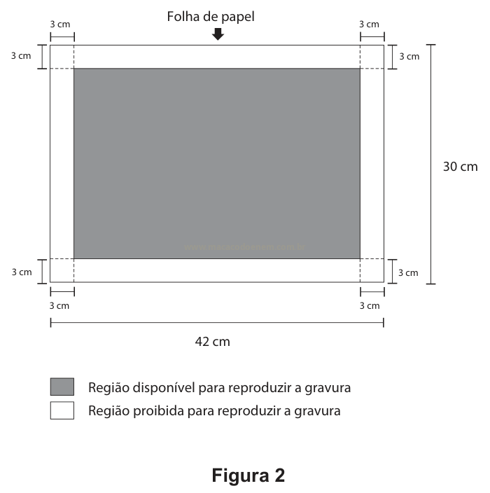 Diagrama de folha de papel de 42 cm por 30 cm com margens proibidas de 3 cm e região central disponível para a gravura.
